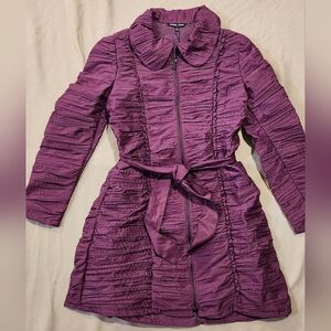 Samuel Dong purple ruched car coat with ruffle, sz small